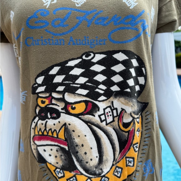 Ed Hardy Tops - Ed Hardy Olive Graphic Tee with Bulldog Design